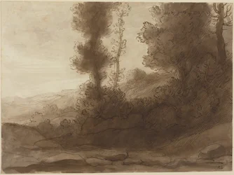 Au pied de la colline (plume et encre brune avec lavis brun sur papier vergé)