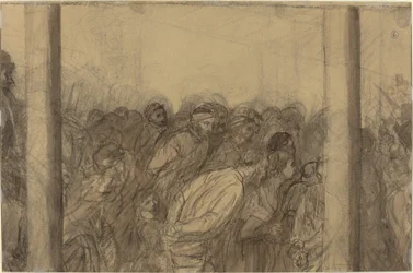 Foule de gens vue entre deux colonnes (verso)