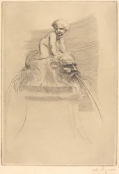 Petite fontaine, enfant jouant sur des grotesques