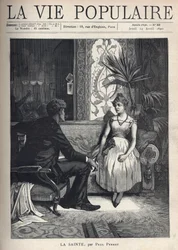 Une jeune femme, semblant malade, assise sur un canapé, dans un salon richement décoré, elle a une attitude timide et parle avec un jeune homme en vêtements, assis sur un fauteuil, tourné vers elle, le regard entreprenant. Illustration par Alphons Mucha (1