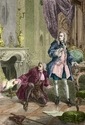 Charles Jean Francois Henault sauve le manuscrit de La Henriade que Voltaire avait jeté au feu (Gravure)
