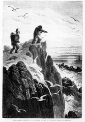 Hans en 1860, découvrant le navire de Hayes - dessin de Neuville par le Dr. Hayes dans « La mer libre du pôle, voyage de découverte dans les mers arctiques »
