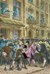 Rue Quincampoix, où se réunissent les spéculateurs, vers 1720 (Gravure)