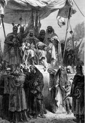 Les chrétiens de Jérusalem partant avant Saladin (1138-1193) après la prise de la Ville Sainte - gravure de Neuville