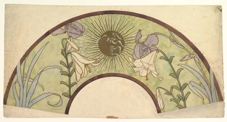 Conception pour un éventail avec rayons de soleil, lys et iris, fin 19e - mi 20e siècle