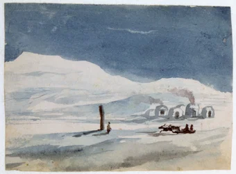 Igloos et Esquimaux". Aquarelle. Aurore Amadine Lucie Dupin (1804-1876) Romancière et féministe française qui a écrit sous le nom de George Sand.
