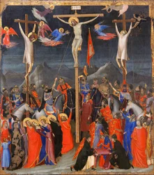 La Crucifixion - Sur les côtés, représentation du bon larron, aussi appelé saint Dismas (ou Dysmas, Dimas, Dumas), et du mauvais larron (Gesmas ou Gestas), deux larrons crucifiés avec Jésus-Christ - Inscription INRI (I N R I) sur la croix