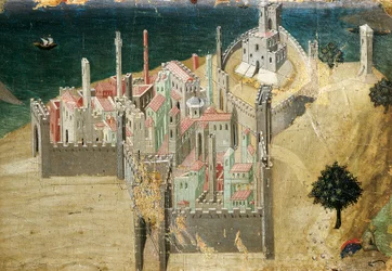 Ville au bord de la mer, par Ambrogio Lorenzetti (1290-ca. 1348), tempera et or sur bois, 22.5x33.5 cm