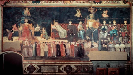 Effets du bon et du mauvais gouvernement sur la ville et la campagne (Allegoria del buon e del cattivo governo) : détail représentant le bon gouvernement (allégories de la Paix, de la Magnanimité, de la Prudence, de la Tempérance, de la Justice). Fresque