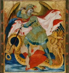 Saint Michel Archange terrassant le dragon entre les saints Benoît et Barthélemy