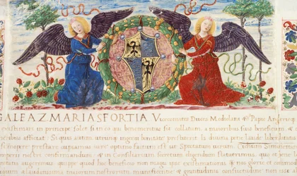 Anges tenant un bouclier représentant un blason Sforza, miniature par Ambrogio Bergognone d