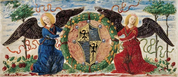 Anges tenant un bouclier représentant les armoiries des Sforza, parchemin minié de Bourgogne