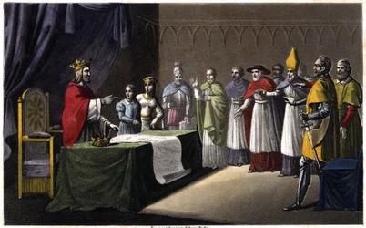 Assemblée de Worms : Louis Ier le Débonnaire (778-840), roi de France, déposé par ses trois fils (Lothaire, Pépin et Louis) pour avoir voulu redécouper son royaume au profit de son quatrième fils (Charles, une figure en bleu à côté du roi) en 833.
