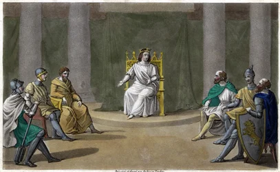 Caribert ou Chérebert, roi de Paris (561 - 567), tenant conseil, où il rendait justice. Dessiné et gravé par Ambroise Tardieu en 1825