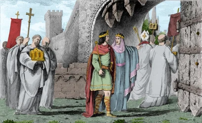 Chilpéric Ier (539-584) en procession religieuse - Gravure de 1825 dans « Histoire de France représentée par des tableaux synoptiques dédiée aux enfants de France »