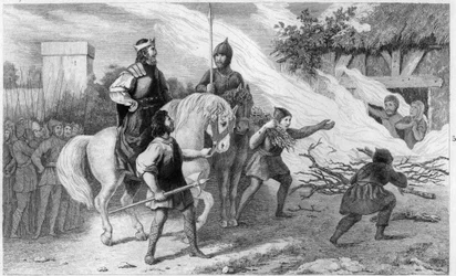 Chlothar Ier (497-561) brûle son fils rebelle et sa famille, 560 - Gravure de 1825 dans « Histoire de France représentée par des tableaux synoptiques »