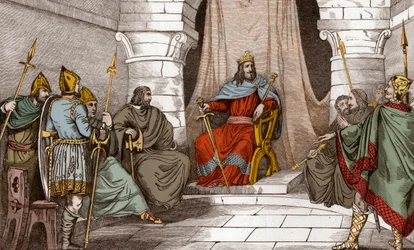 Roi Charibert (521-567) en conseil avec des magistrats - Gravure de 1825 dans « Histoire de France représentée par des tableaux synoptiques dédiée aux enfants de France »
