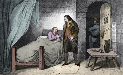 Louis XVII (1785-1795) malade et emprisonné - le Dauphin de France Louis XVII (1785-1795) malade dans la prison du Temple - Gravure de 1825 dans « Histoire de France représentée par des tableaux synoptiques dédiée aux enfants de France et employée pour leu