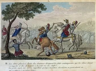 Mérovée (447-458) défie Attila aux Champs Catalauniques près de Troyes avec Aetius et Théodoric I. Il est le roi présomptif des Francs-Saliens et a donné son nom à la dynastie mérovingienne. - Dessiné et gravé par Ambroise Tardieu en 1825.