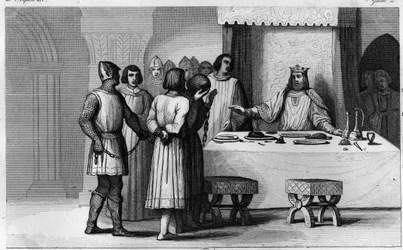 Robert II le Pieux libère des conspirateurs - Robert II dit « Le Pieux », dynastie des Capétiens - Sachant que 2 conspirateurs avaient été condamnés à mort, il les fit communier, les traita magnifiquement puis les rendit à la liberté - Gravure