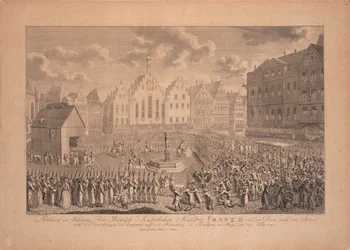 Le cortège de couronnement de François II de la cathédrale de Francfort à Römerberg en juillet 1792