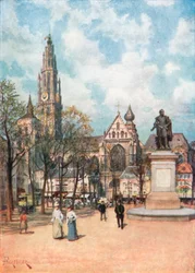 La Place Verte, Anvers (lithographie couleur)