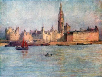 La rade du Tete de Flandre, Anvers (lithographie couleur)