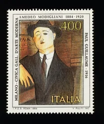 Timbre-poste de la série des arts italiens honorant Amedeo Modigliani (1884-1920), représentant le Portrait de Paul Guillaume (1916), timbre de 400 lires