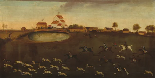 Scène de chasse avec un étang