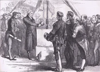 Lafayette posant la première pierre du monument de Bunker Hill, illustration de l