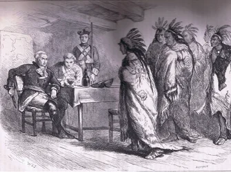 Visite de Pontiac et des Indiens au Major Gladwin 1763, illustration de l