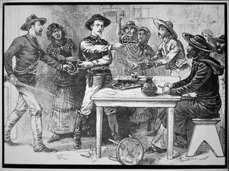 Les Texas Rangers arrêtant un hors-la-loi mexicain, vers 1880 (gravure)