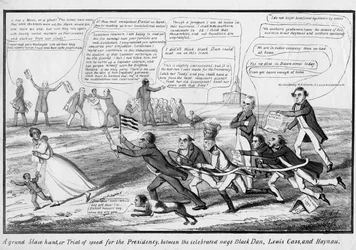 Une grande chasse aux esclaves, ou, Épreuve de vitesse pour la présidence, entre les célèbres chevaux Black Dan, Lewis Cass, et Haynau, publié par T.C., New York, c.1852