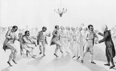 Afro-Américains à un bal avec le gouverneur John Hancock (1737-93), tiré de The Echo, with other poems de Richard Alsop (1761-1815), 1807