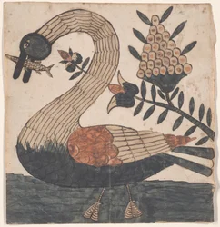 Oiseau avec poisson, peinture Fraktur
