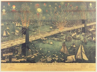 Vue aérienne du grand pont de New York et Brooklyn et le grand feu d