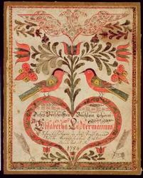 Marque-page représentant deux oiseaux et un cœur, 1784