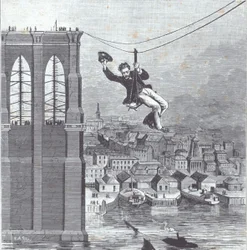 Pont de Brooklyn en construction ; M. Farrington, chef superviseur de la construction, est le premier à traverser la travée entre les deux pylônes le 25 août 1876 (gravure)
