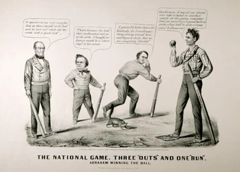 Caricature montrant Abraham Lincoln (1809-65) gagnant le ballon contre ses adversaires Douglas, Bell et Breckenridge lors de l