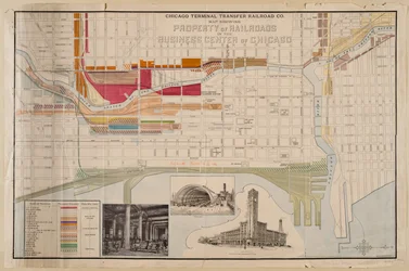 Carte de la Chicago Terminal Transfer Railroad Co. montrant les propriétés des chemins de fer dans le centre d