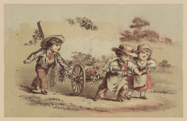 Enfants tirant un chariot avec des fleurs
