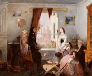Famille de Fredericksburg dans une maison détruite par la guerre (huile sur carton)