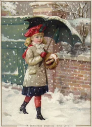 Fille avec parapluie sous une averse de neige