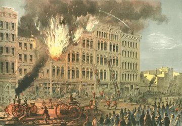 Grand incendie sur Lake Street, de Chicago Illustrated, avec descriptions littéraires par James W. Sheahan, publié par Jevne & Almini, Chicago, 1866-67