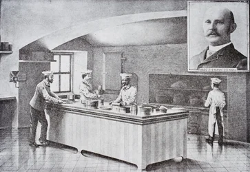 Cuisine de la Maison Blanche dans les années 1890, avec portrait en médaillon de Hugo Ziemann