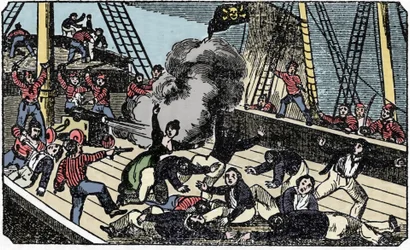 La mort du pirate gentilhomme Jean Lafitte (1780-1826), gravure de The pirate own book 1837.