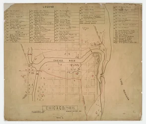 Carte des maisons et sites historiques de Chicago, Illinois, vers 1835