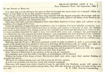 Message au peuple du Maryland pour soutenir la Confédération, 8 septembre 1862