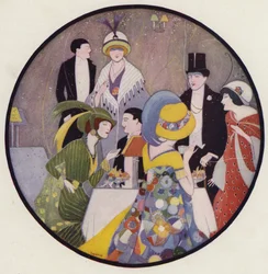 Des gens se retrouvent après une pièce de théâtre, une scène de la nouvelle After The Play de J A Waldron (lithographie couleur).