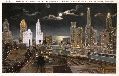 Carte postale de Chicago de nuit, vers 1930